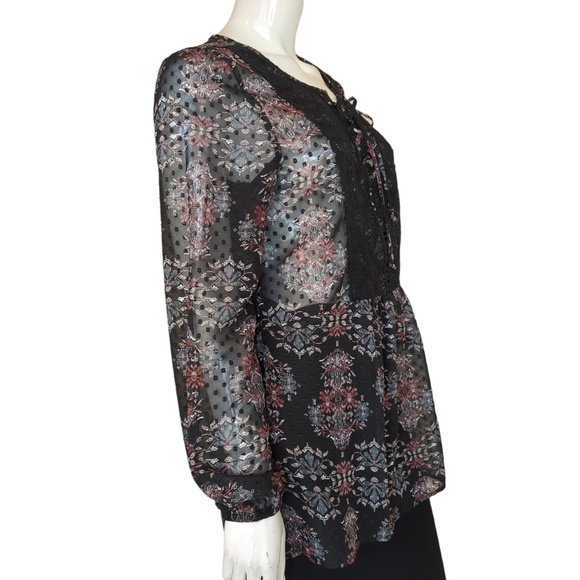 Black Floral Lace up Boho Tunic Top with lace up front - Picture 9 of 14